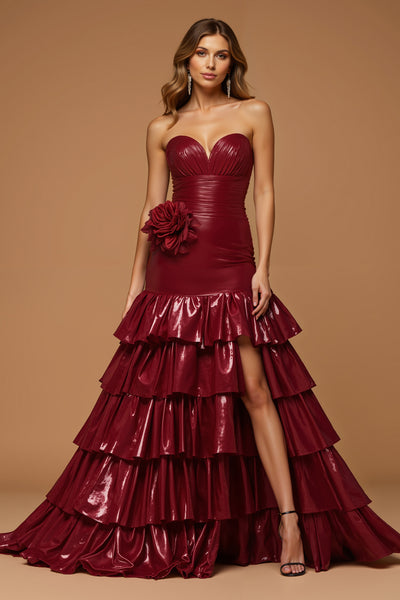 Metallic Burgundy Sweetheart Tiered Long Prom Dress with Slit