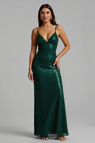 Sparkly Dark Green Sheath Long Holiday Party Dress with Slit