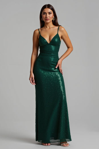 Sparkly Dark Green Sheath Long Holiday Party Dress with Slit