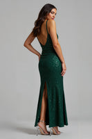 Load image into Gallery viewer, Sparkly Dark Green Sheath Long Holiday Party Dress with Slit