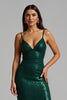 Load image into Gallery viewer, Sparkly Dark Green Sheath Long Holiday Party Dress with Slit