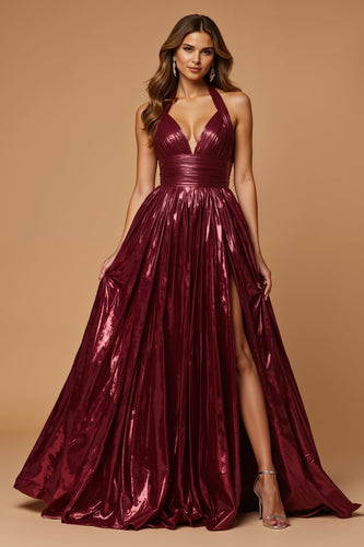 Metallic Burgundy Halter A Line Long Prom Dress with Slit