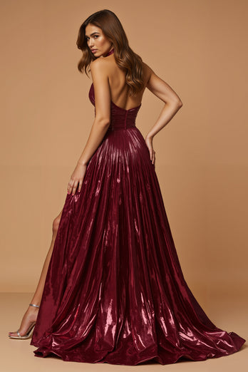 Metallic Burgundy Halter A Line Long Prom Dress with Slit