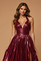 Load image into Gallery viewer, Metallic Burgundy Halter A Line Long Prom Dress with Slit