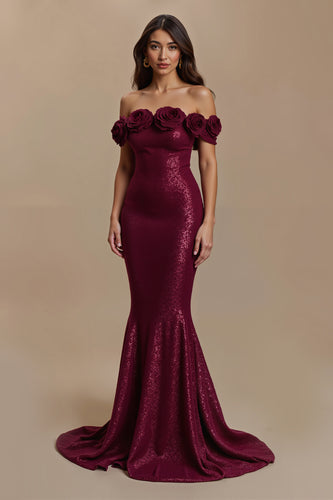Sparkly Burgundy Off the Shoulder Long Holiday Party Dress with 3D Flower