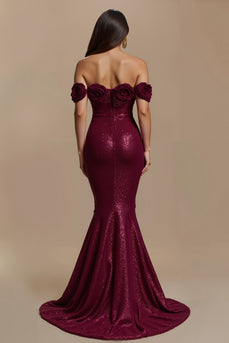 Sparkly Burgundy Off the Shoulder Long Holiday Party Dress with 3D Flower