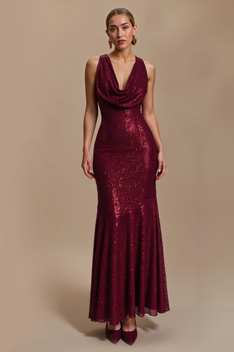 Sparkly Burgundy Sheath Cowl Neck Long Holiday Party Dress