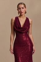 Load image into Gallery viewer, Sparkly Burgundy Sheath Cowl Neck Long Holiday Party Dress