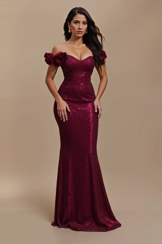 Sparkly Burgundy Mermaid Long Holiday Party Dress with 3D Flowers
