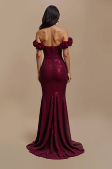 Sparkly Burgundy Mermaid Long Holiday Party Dress with 3D Flowers