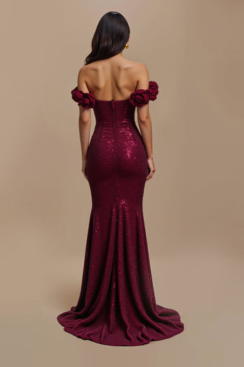 Sparkly Burgundy Mermaid Long Holiday Party Dress with 3D Flowers