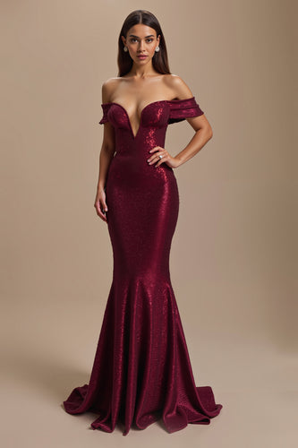 Sparkly Burgundy Mermaid Off The Shoulder Long Holiday Party Dress