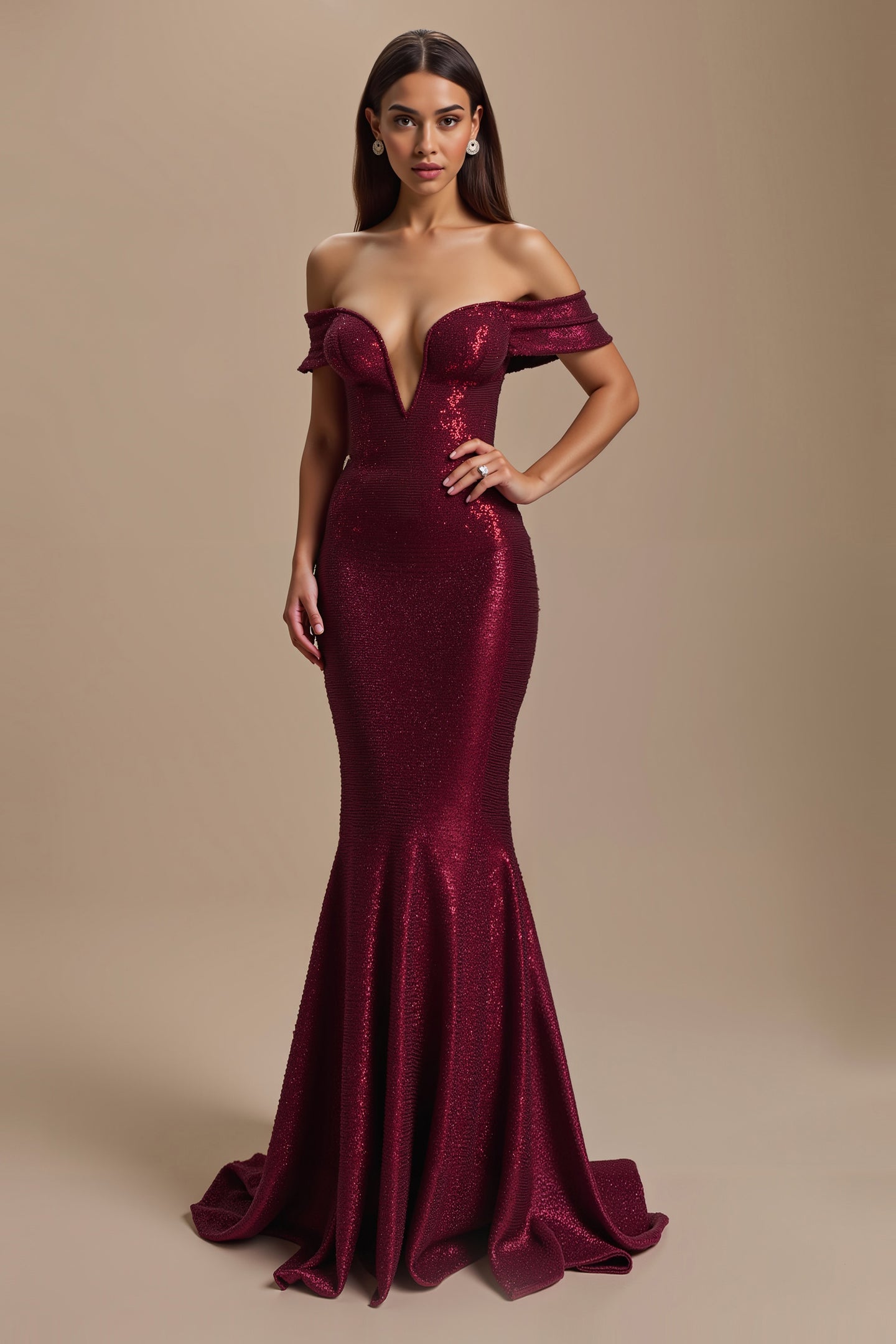 Sparkly Burgundy Mermaid Off The Shoulder Long Holiday Party Dress