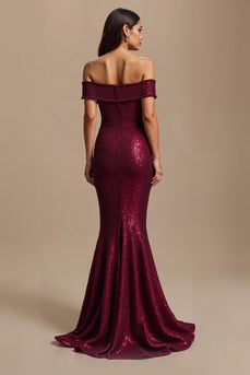 Sparkly Burgundy Mermaid Off The Shoulder Long Holiday Party Dress