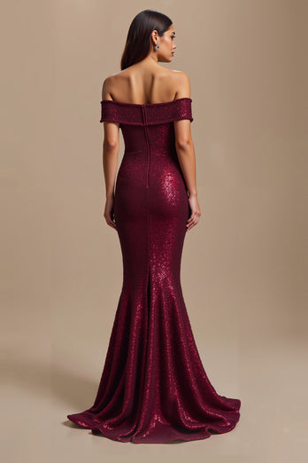 Sparkly Burgundy Mermaid Off The Shoulder Long Holiday Party Dress