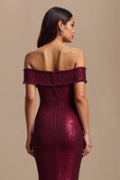 Load image into Gallery viewer, Sparkly Burgundy Mermaid Off The Shoulder Long Holiday Party Dress