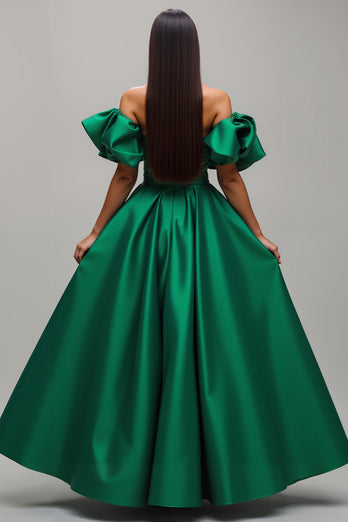 Dark Green Satin A Line Long Prom Dress with Sleeves