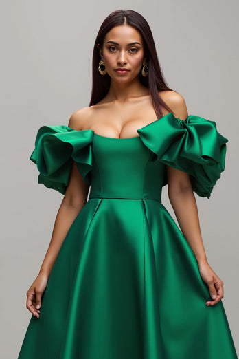 Dark Green Satin A Line Long Prom Dress with Sleeves