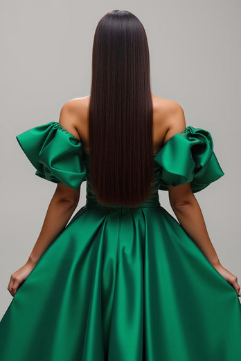 Dark Green Satin A Line Long Prom Dress with Sleeves