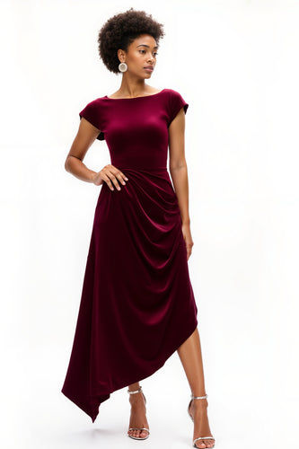 Burgundy A Line Boat Neck Ruched Asymmetrical Holiday Party Dress