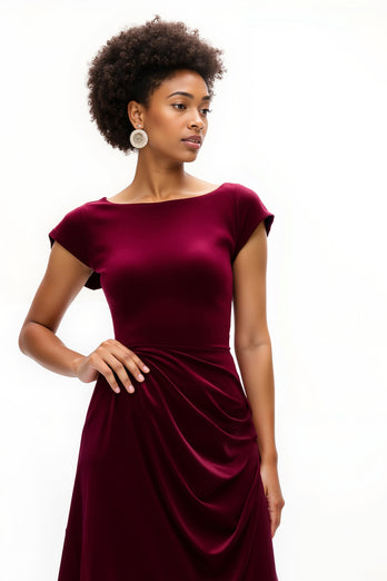Burgundy A Line Boat Neck Ruched Asymmetrical Holiday Party Dress
