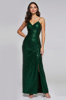 Load image into Gallery viewer, Sparkly Dark Green Sequins Sheath Long Holiday Party Dress with Slit