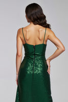 Load image into Gallery viewer, Sparkly Dark Green Sequins Sheath Long Holiday Party Dress with Slit