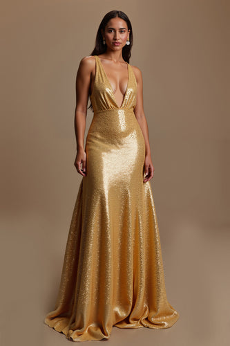 Sparkly Gold Mermaid V-Neck Long Holiday Party Dress