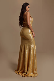 Sparkly Gold Mermaid V-Neck Long Holiday Party Dress