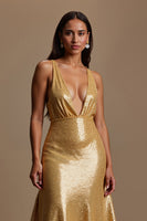 Load image into Gallery viewer, Sparkly Gold Mermaid V-Neck Long Holiday Party Dress