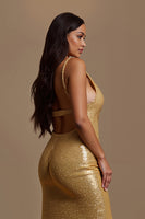 Load image into Gallery viewer, Sparkly Gold Mermaid V-Neck Long Holiday Party Dress