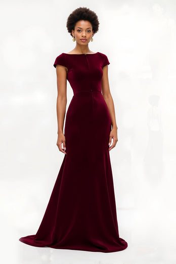 Burgundy Mermaid Boat Neck Cap Sleeves Long Holiday Party Dress