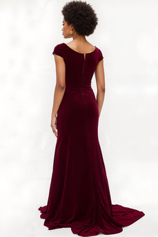 Burgundy Mermaid Boat Neck Cap Sleeves Long Holiday Party Dress