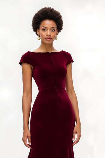 Burgundy Mermaid Boat Neck Cap Sleeves Long Holiday Party Dress