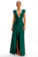 Load image into Gallery viewer, Dark Green Satin V-Neck Cap Sleeves Long Holiday Party Dress with Slit