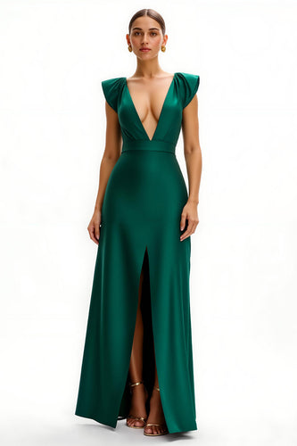 Dark Green Satin V-Neck Cap Sleeves Long Holiday Party Dress with Slit