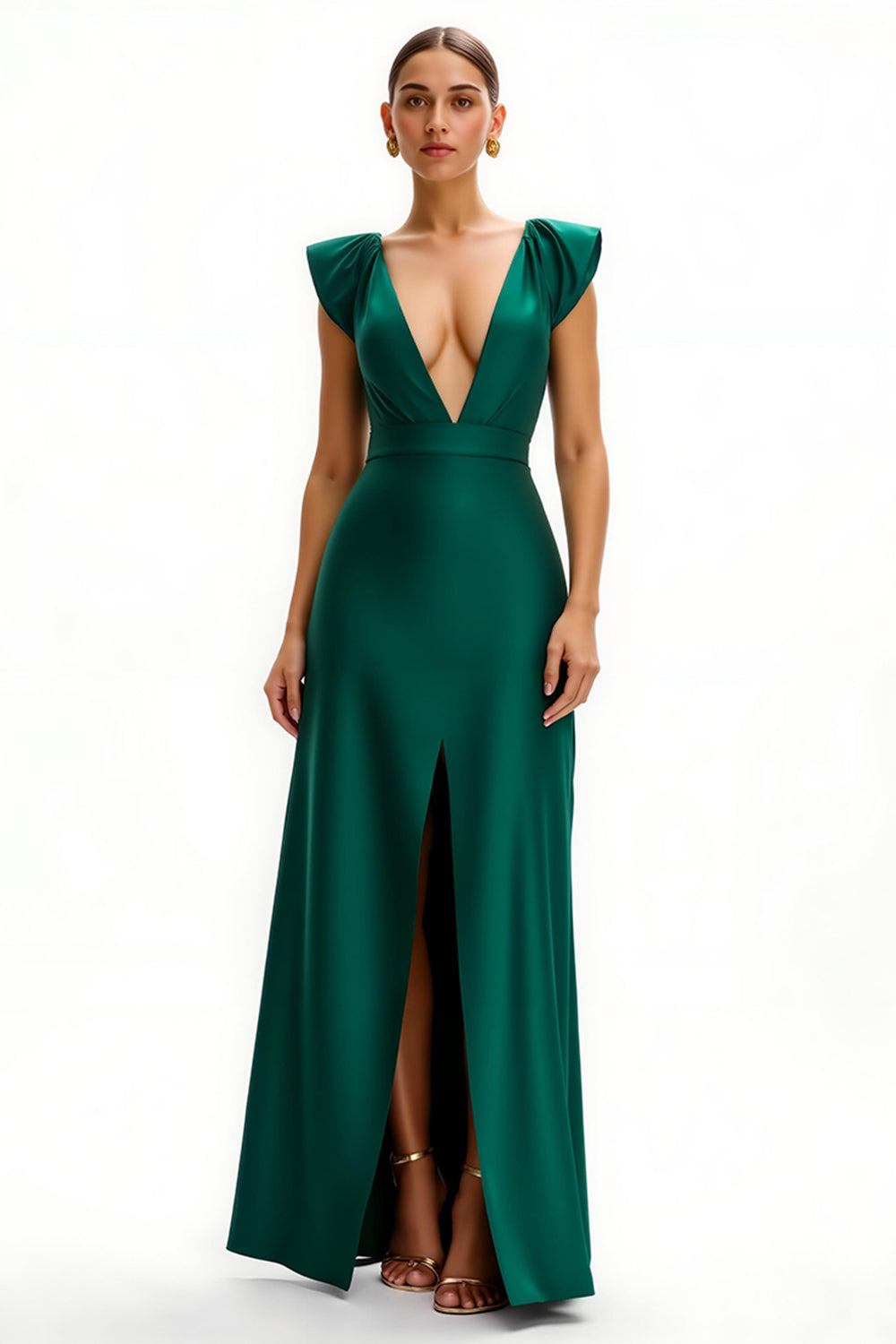 Dark Green Satin V-Neck Cap Sleeves Long Holiday Party Dress with Slit