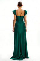 Load image into Gallery viewer, Dark Green Satin V-Neck Cap Sleeves Long Holiday Party Dress with Slit
