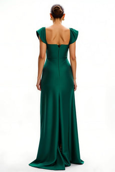 Dark Green Satin V-Neck Cap Sleeves Long Holiday Party Dress with Slit