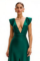 Load image into Gallery viewer, Dark Green Satin V-Neck Cap Sleeves Long Holiday Party Dress with Slit