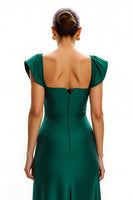 Load image into Gallery viewer, Dark Green Satin V-Neck Cap Sleeves Long Holiday Party Dress with Slit