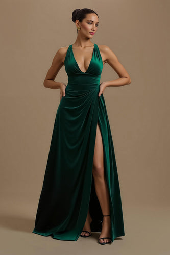 Dark Green A Line Ruched V-Neck Long Holiday Party Dress with Slit