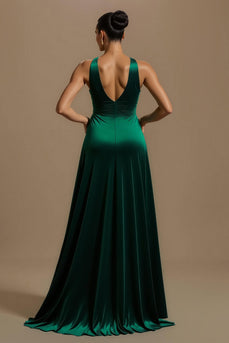 Dark Green A Line Ruched V-Neck Long Holiday Party Dress with Slit