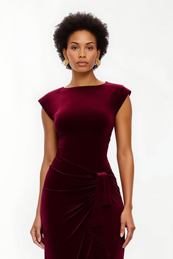 Simple Burgundy Sheath Ruched Asymmetrical Holiday Party Dress
