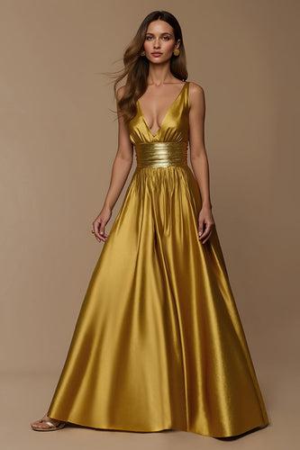 Golden Metallic A Line Deep V-Neck Long Holiday Party Dress