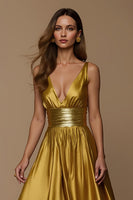Load image into Gallery viewer, Golden Metallic A Line Deep V-Neck Long Holiday Party Dress