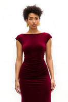 Load image into Gallery viewer, Burgundy Sheath Ruched Boat Neck Long Holiday Party Dress with Slit