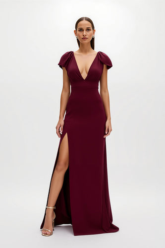 Burgundy Satin Sheath V-Neck Long Holiday Party Dress with Slit
