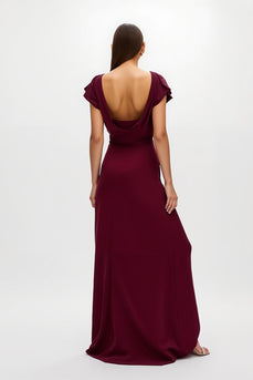 Burgundy Satin Sheath V-Neck Long Holiday Party Dress with Slit
