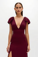 Load image into Gallery viewer, Burgundy Satin Sheath V-Neck Long Holiday Party Dress with Slit